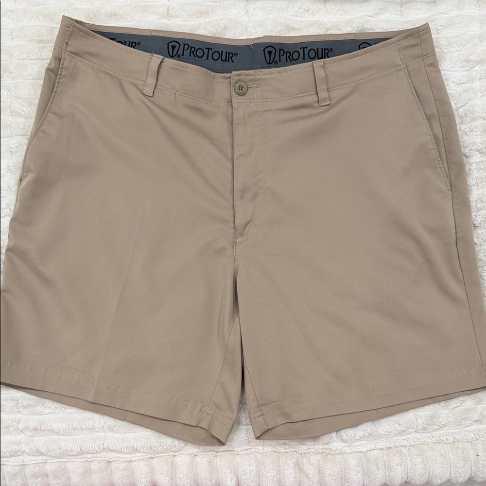 Pro Tour Golf Shorts Size 38 Performance Stretch Flat Front khaki tan Like New